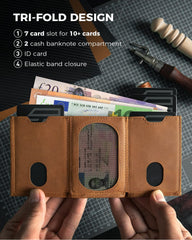 DODENSHA Slim Wallet, Genuine Leather Minimalist Wallet for Mens, RFID Blocking Tri-Fold Slim Credit Card Wallet with 10 Cards, 2 Banknote Compartments, ID Window, Coin Pocket Men Wallets with Gift Box-Brown - DODENSHA