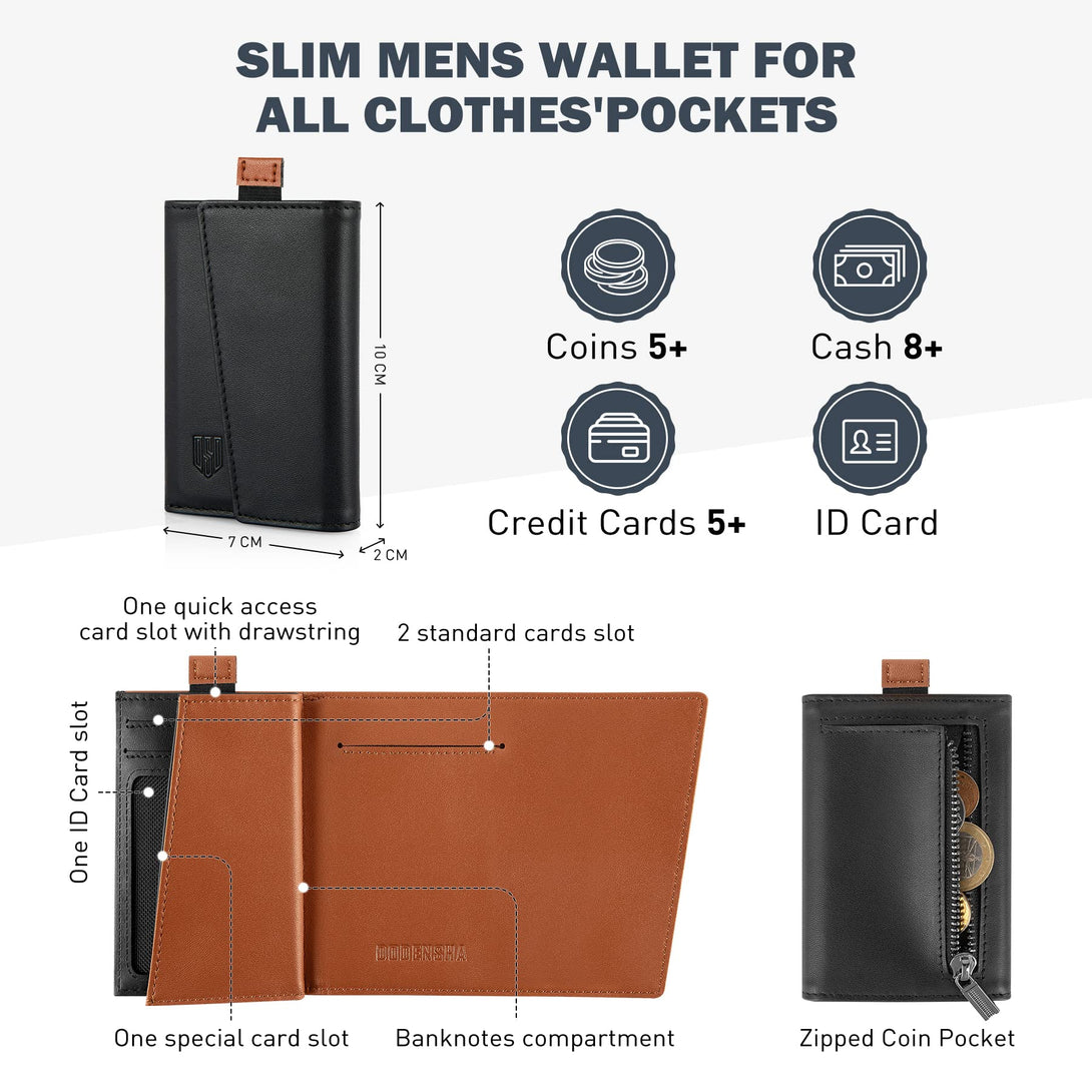 DODENSHA Speed Wallet Men's Leather Small Wallet for Men Purse Slim with Coin Pocket, RFID Protection, 1 Bill Compartment, ID Bill Slot, for 4-6 Cards (Black) - DODENSHA