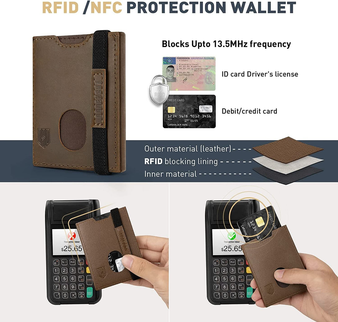 AirTag Wallet | Slim RFID Blocking Credit Card Wallet - Leather Front Pocket Small Wallet for Men for Apple AirTag with Coin Pocket, ID Window, Money, Notes Compartment-DBrown - DODENSHA